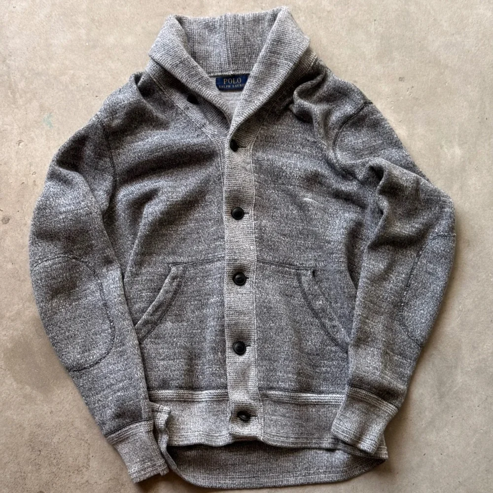 Polo Ralph Lauren Mens XS Grey Shawl Collar Cardigan Sweater Elbow Patches